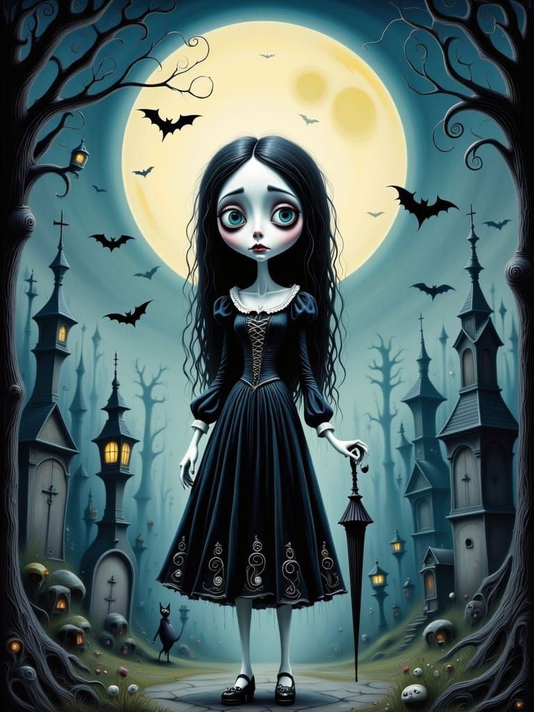 Whimsical Gothic Girl in Graveyard, Burtonesque Illustration