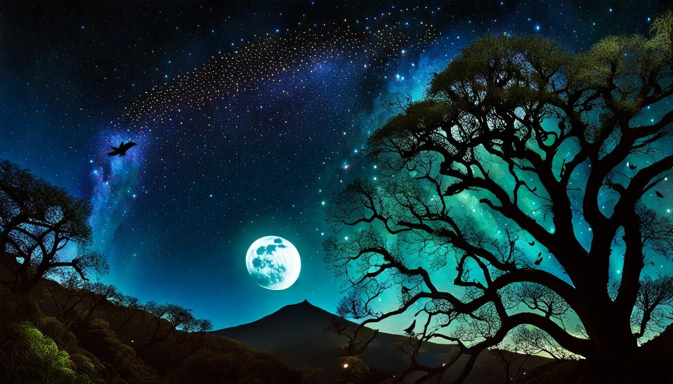 Cosmic Night: Bioluminescent Waterfall Under New Moon