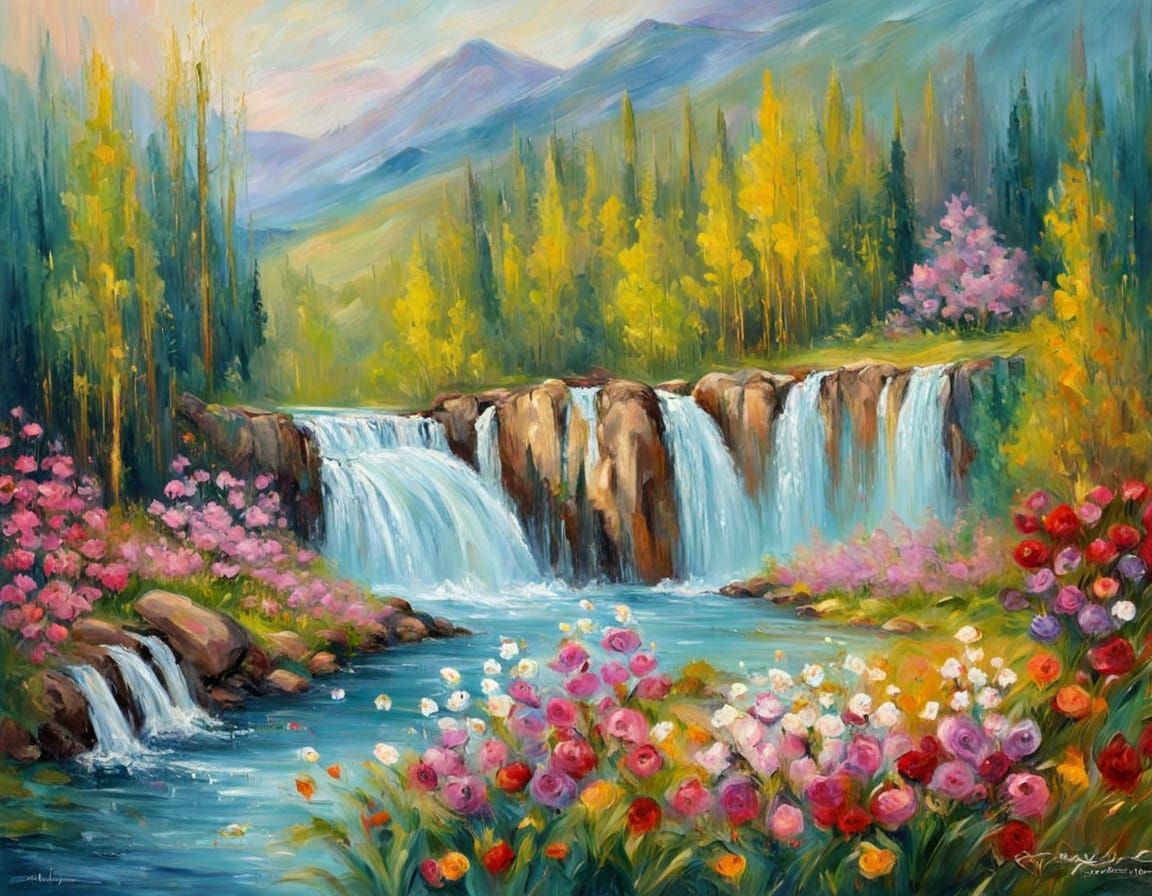 Majestic Spring Waterfall in Lush Greenery