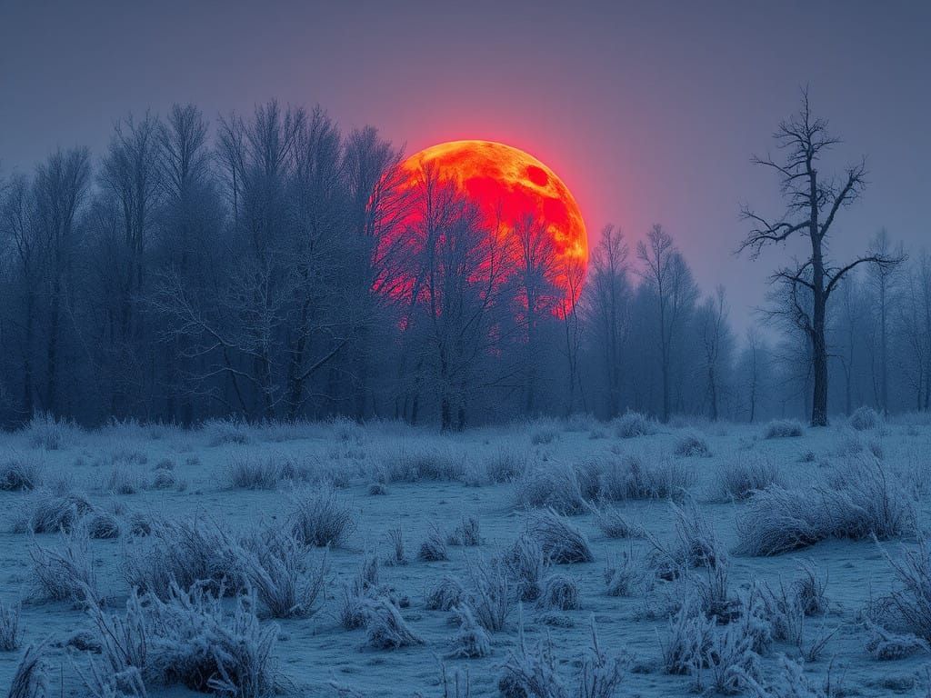 Majestic Red Moon Emanates Ethereal Glow in Icy Forest Scene