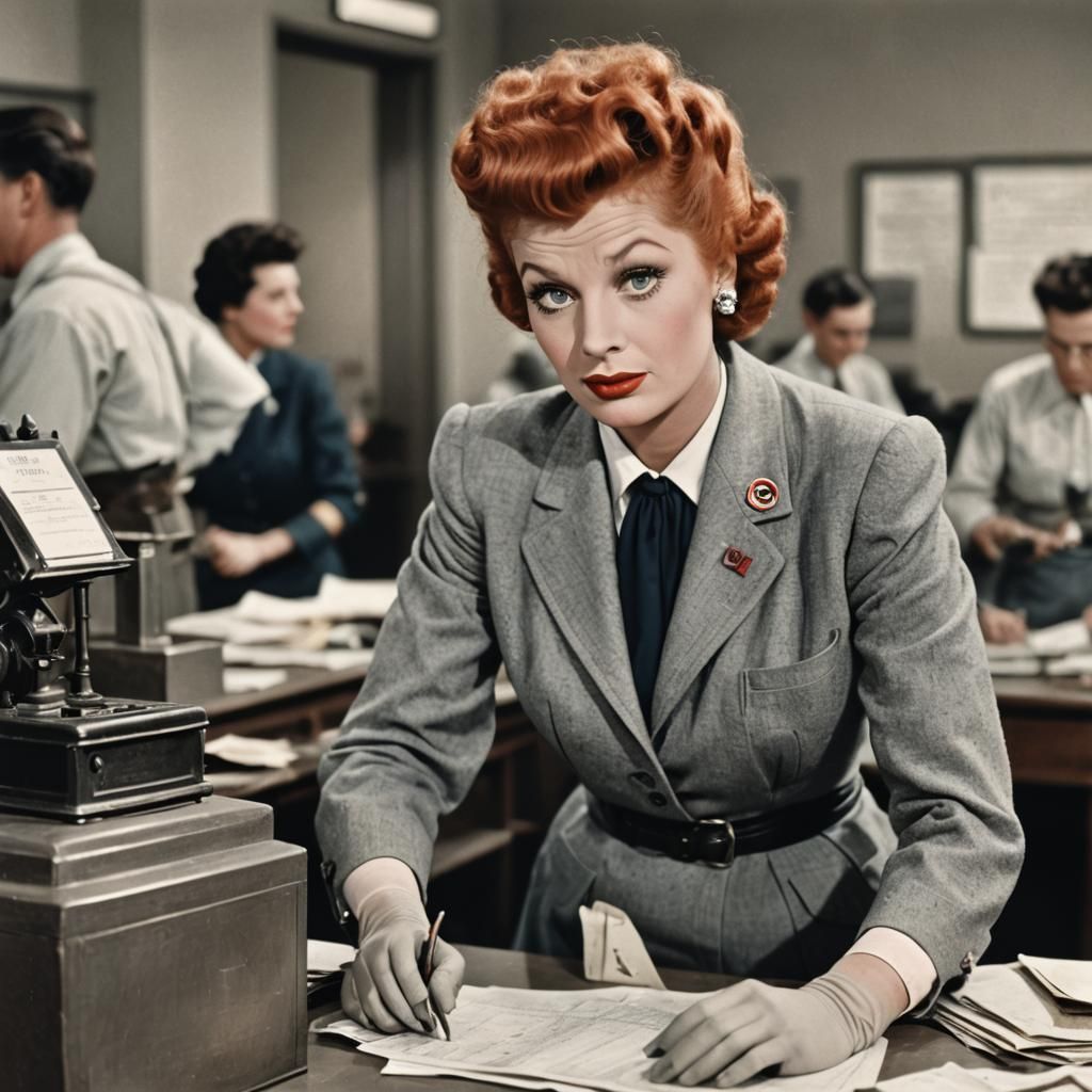 Vintage Photo of Red-Haired Woman at Bank