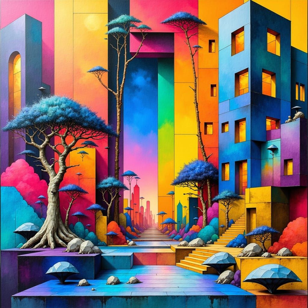 Surrealist Street Art Scene in Vibrant Geometric Style