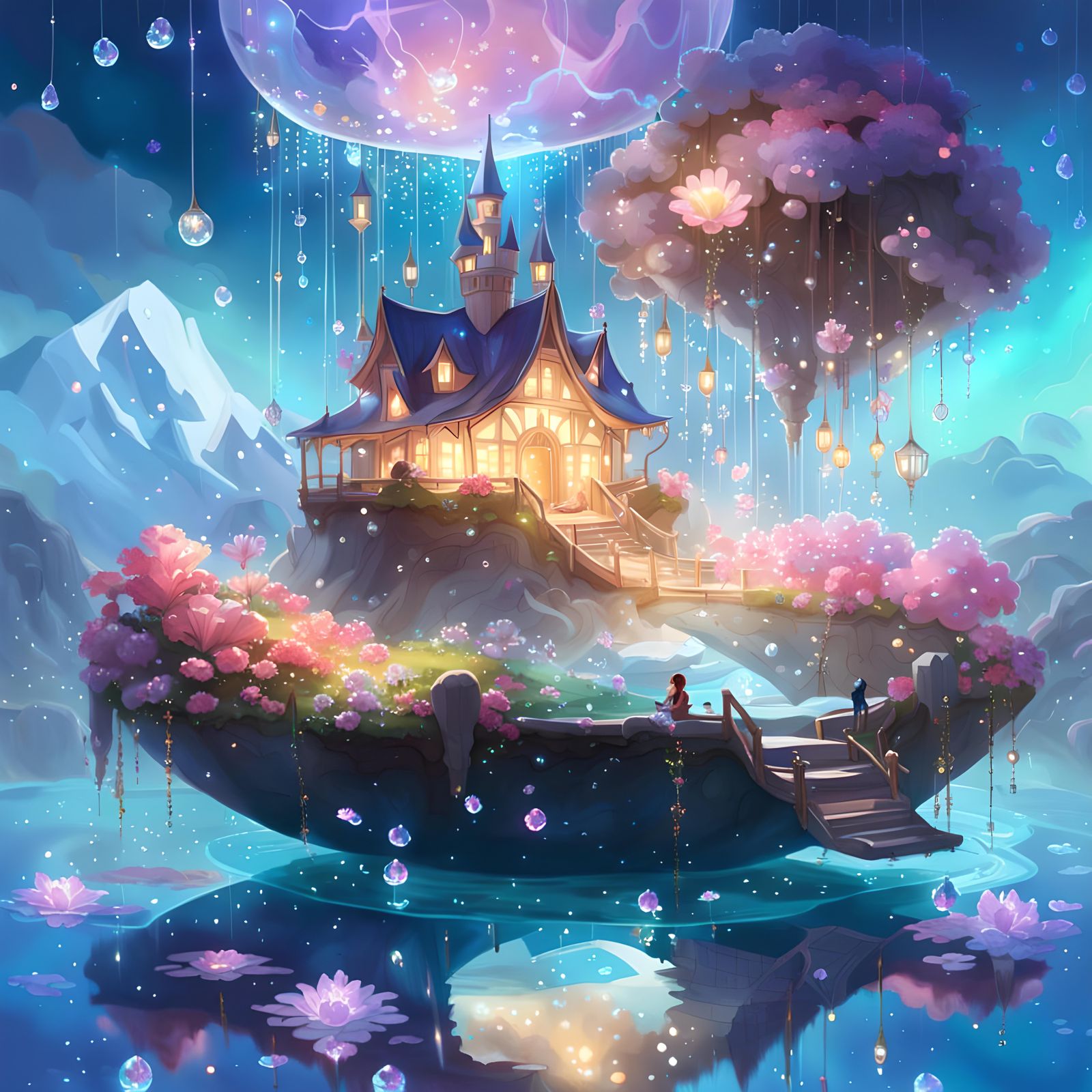 Fantasy Floating Island with Crystals and Flowers