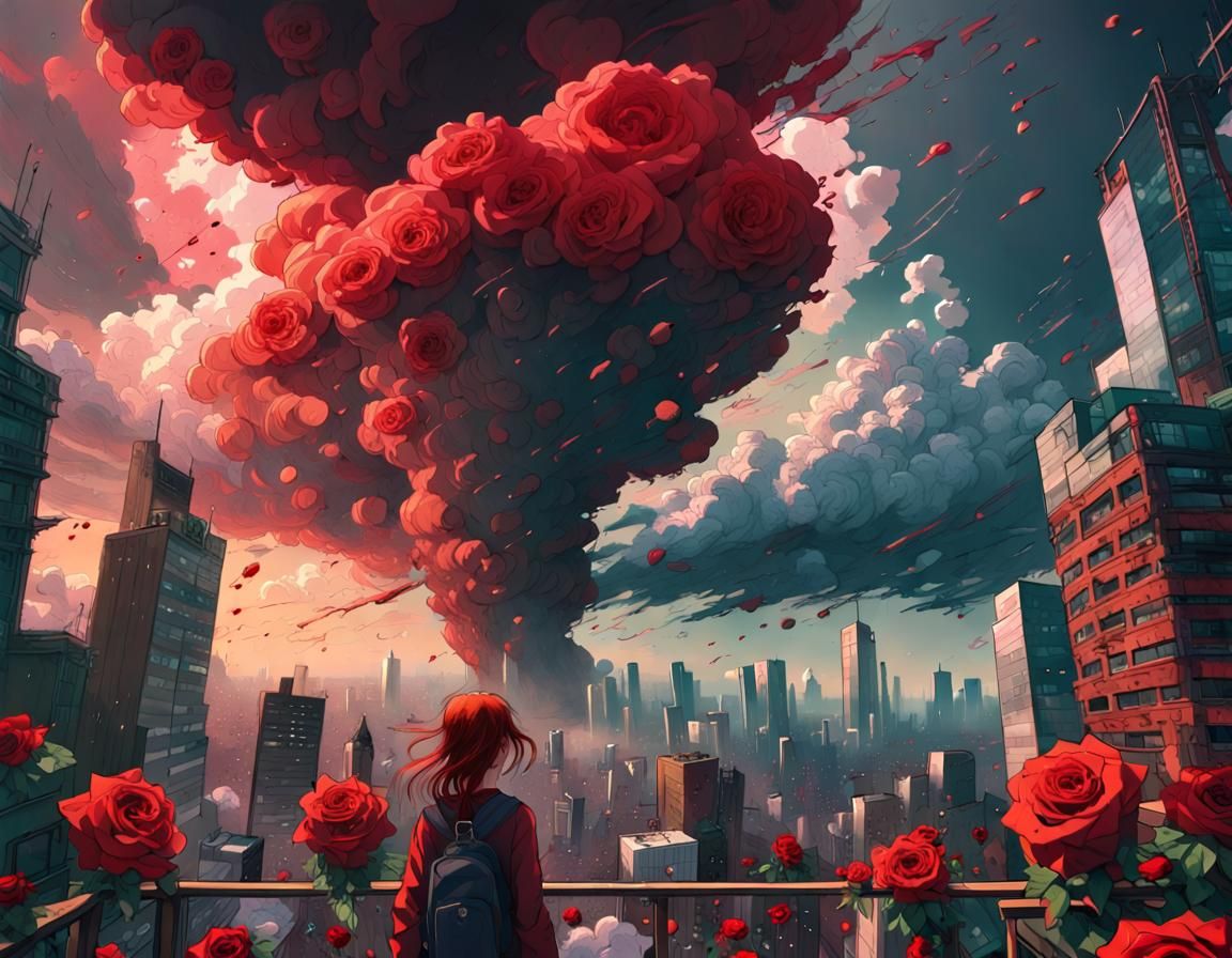 Rose Tornado Over Metropolis, Digital Illustration