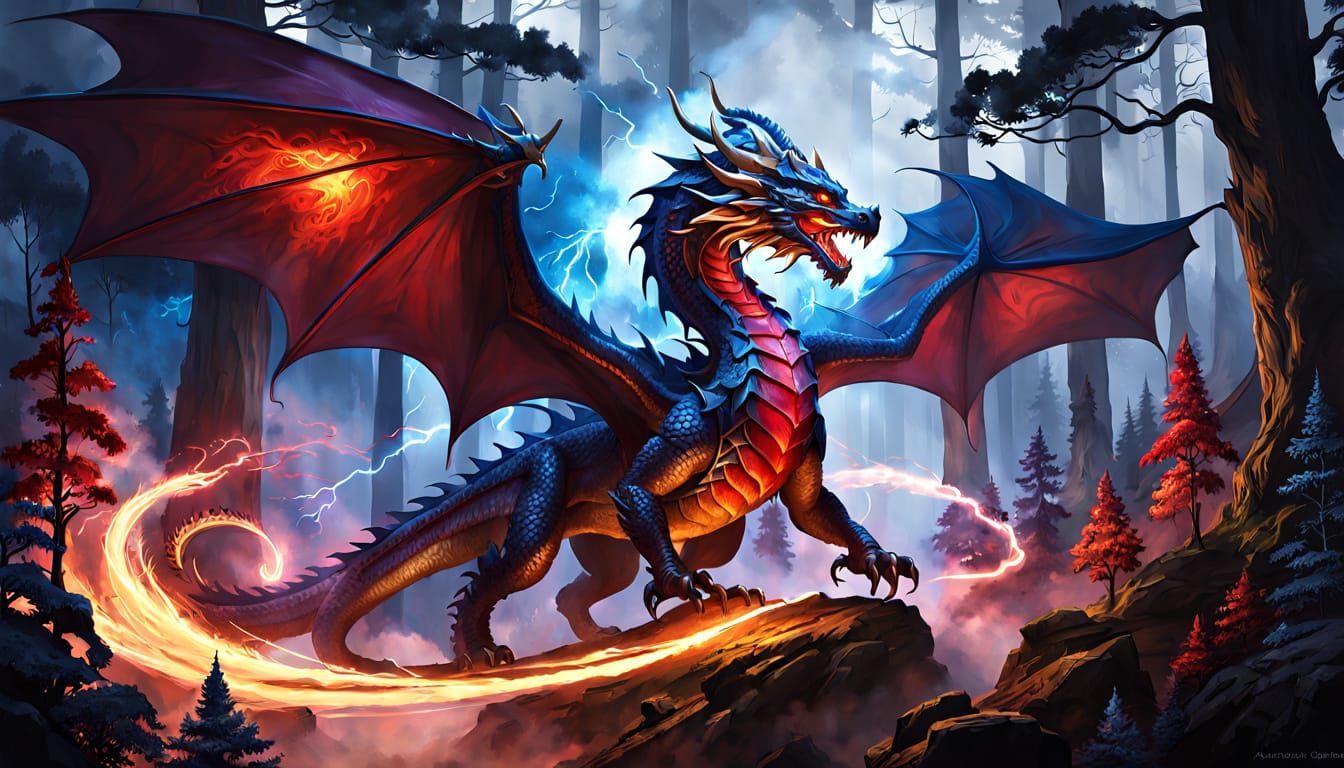 Golden Dragon Shelters in Stormy Dark Fantasy Art