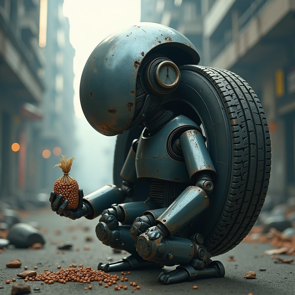 Cyborg Tire Hub in Dystopian Cityscape, Cyberpunk Art