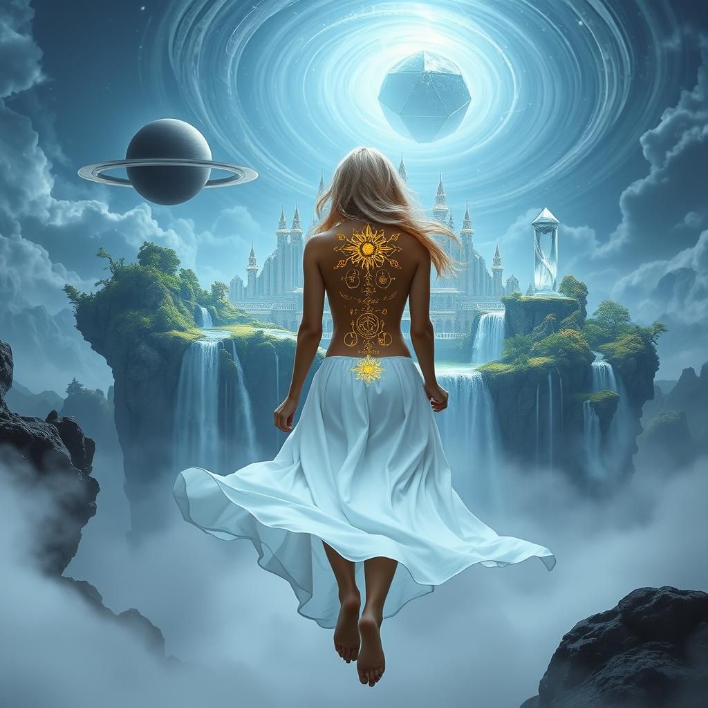 Mystical Blonde Mage in Surreal Fantasy Landscape
