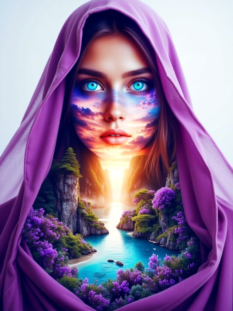 Surreal Double Exposure: Woman, Landscape, Ocean & Village