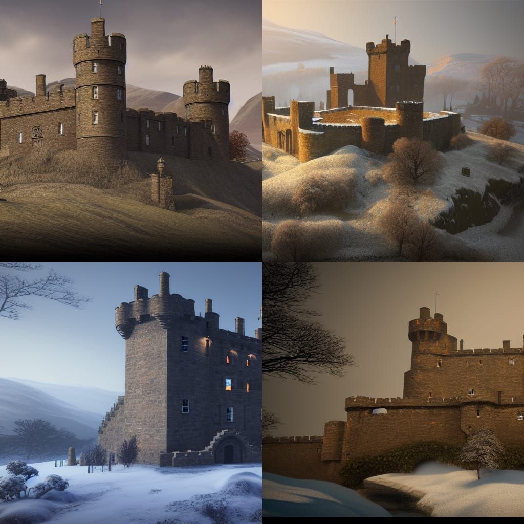 Snowy Medieval Castle in Edinburgh: Detailed Matte Painting