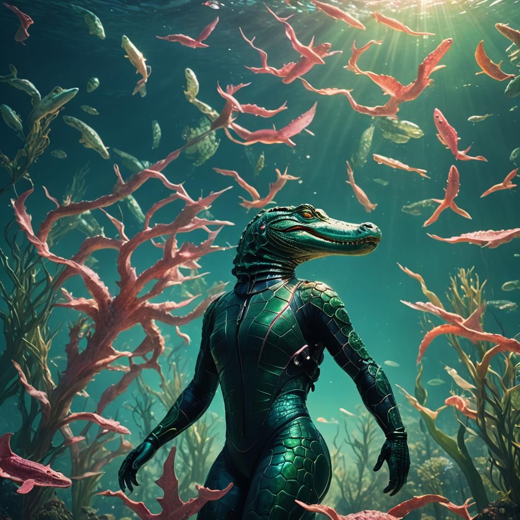 Underwater Alligator Woman in Fantasy Art Style