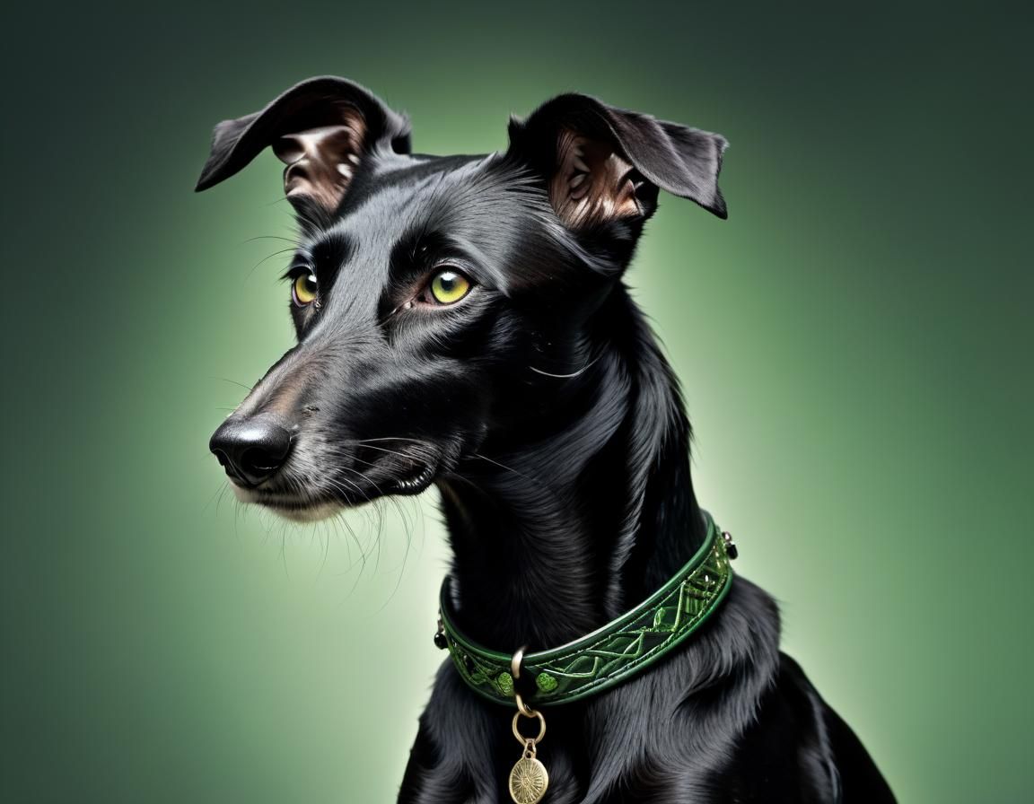 Focused Black Lurcher Portrait in Hyperrealistic Style