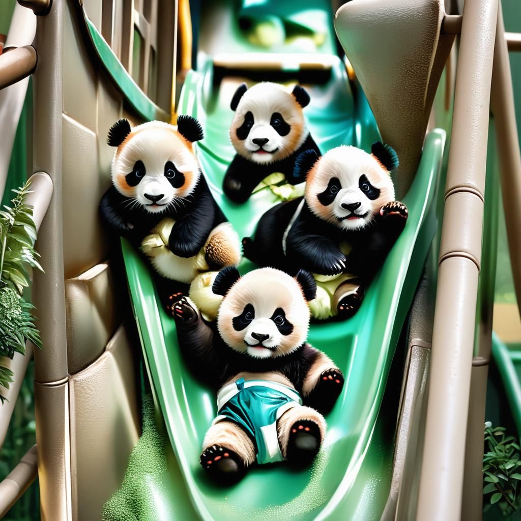 Adorable Panda Babies on a Slide in Diapers