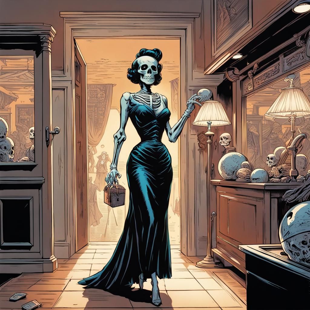Skeleton Pin-Up at Midnight Ball: Comic Book Art