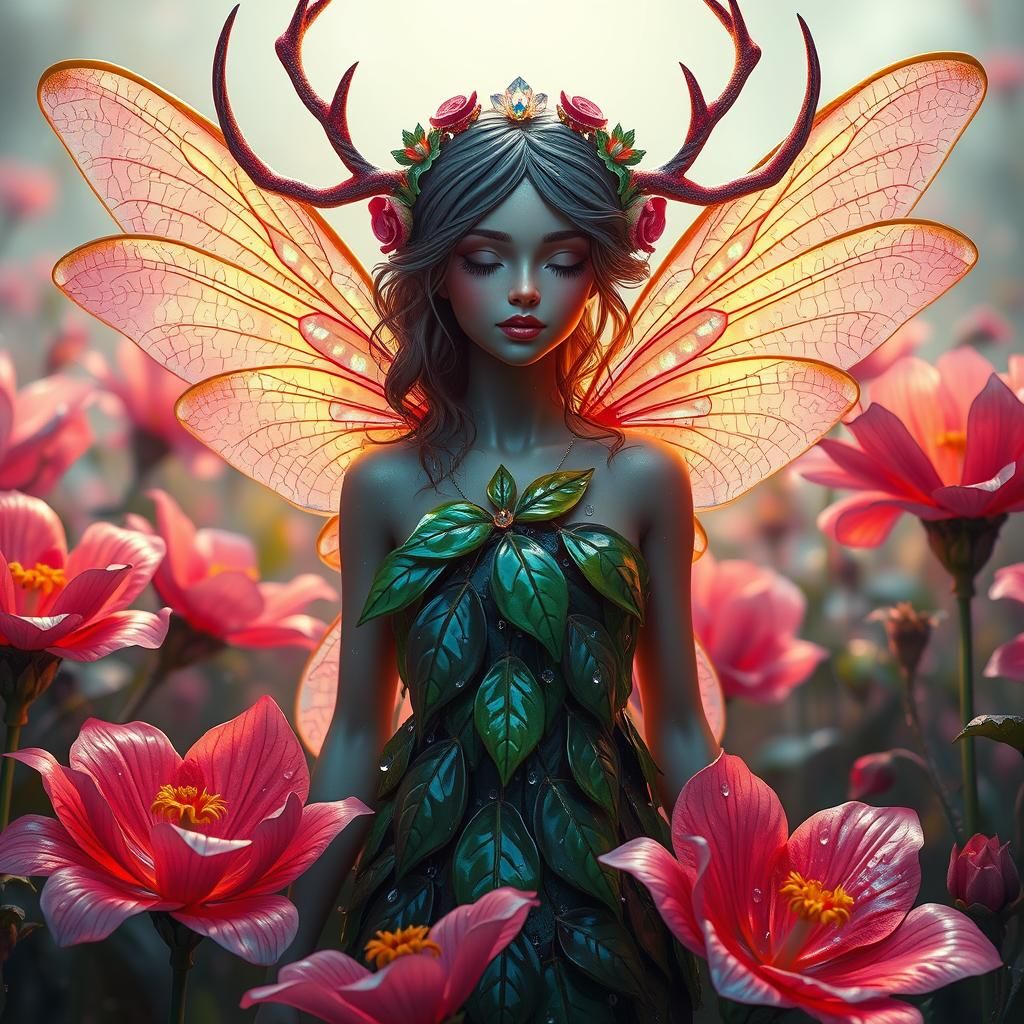 Glass Fairy Woman in Neon Garden, Art Nouveau Style