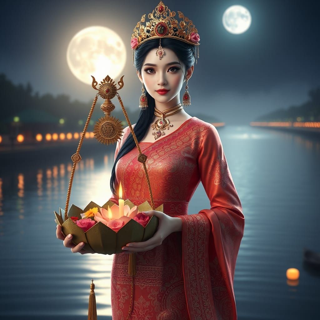 Thai Queen with Krathong in 3D Anime Style