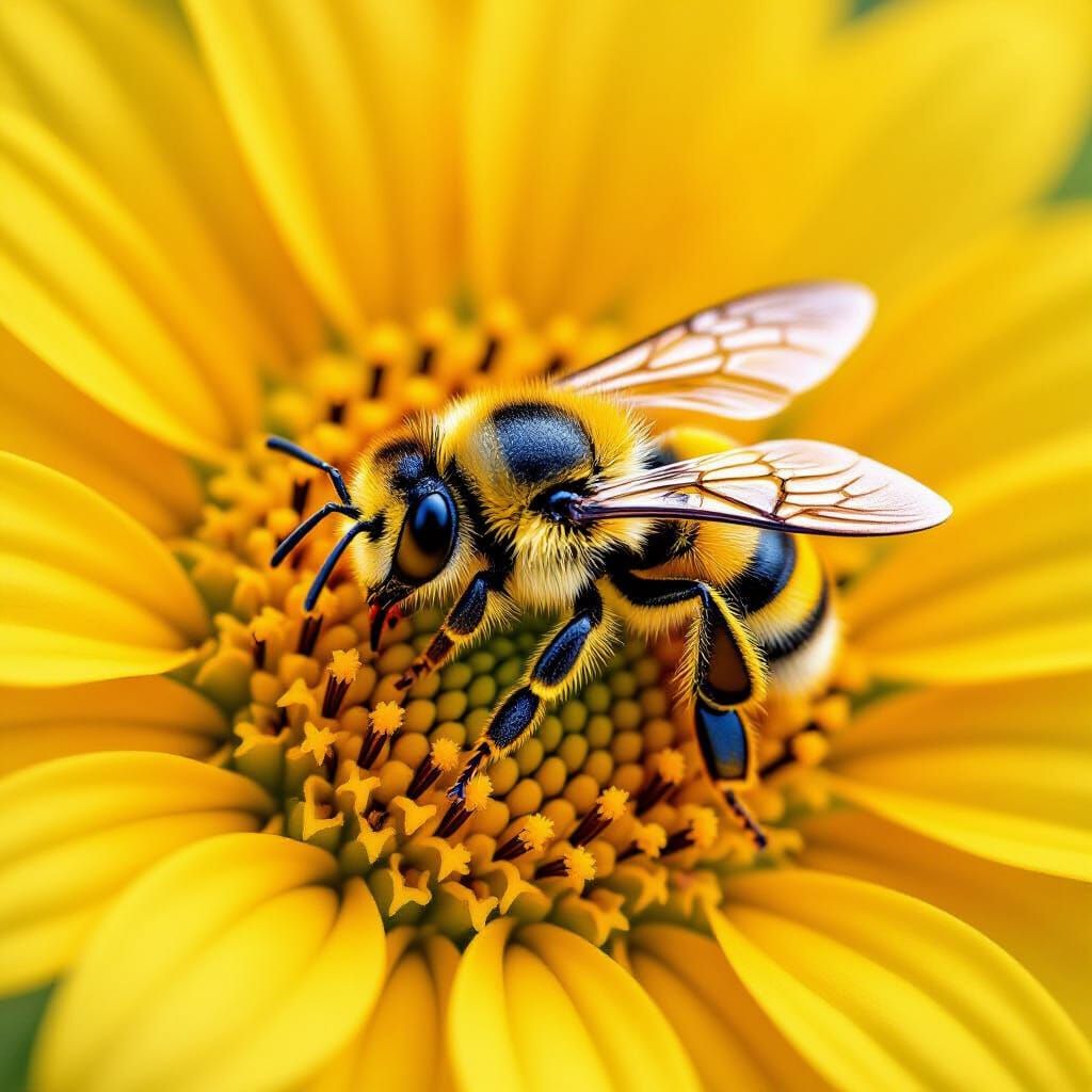 Detailed Macro Photo: Bee on Yellow Flower