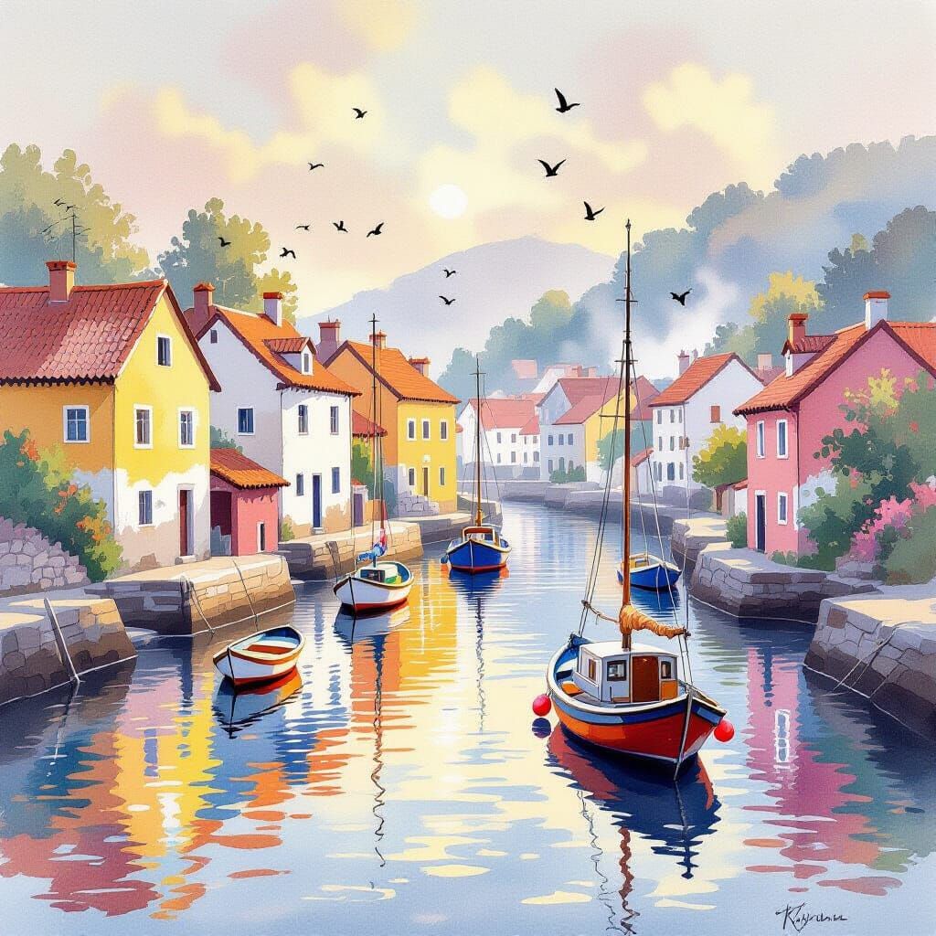 Impressionistic Village Houses in Watercolor Style