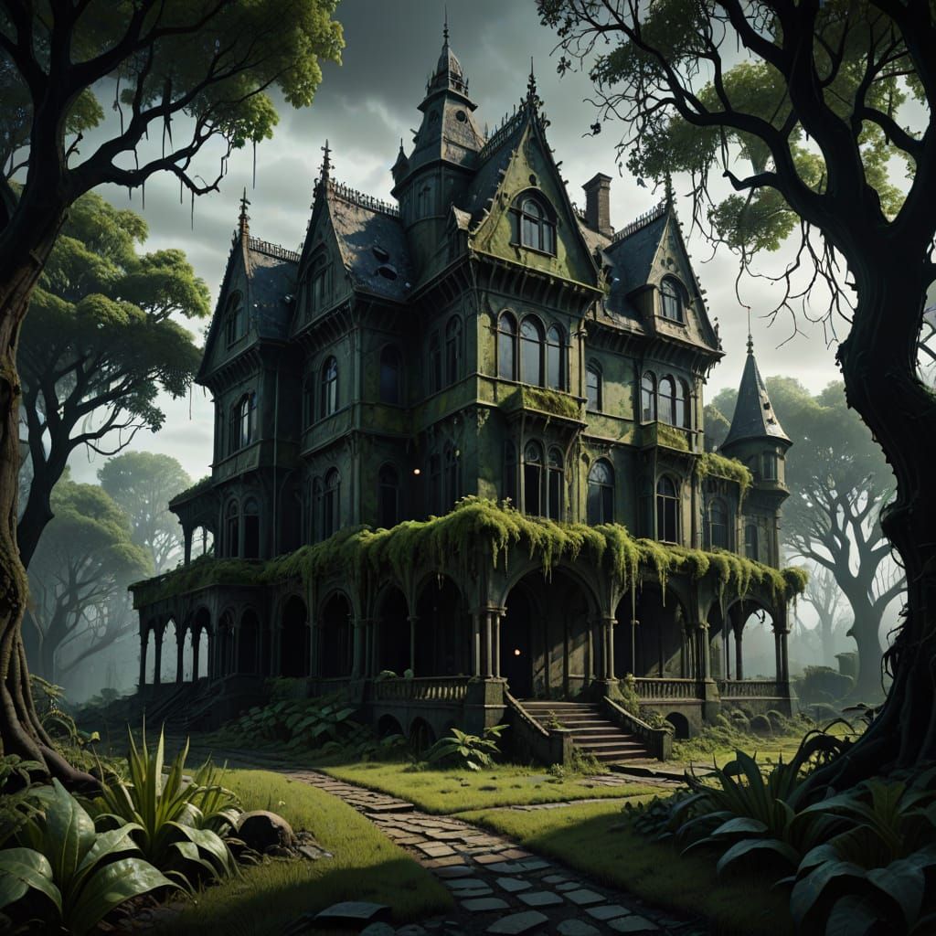 Gothic Manor with Bioluminescent Polka Dots: HR Giger Style