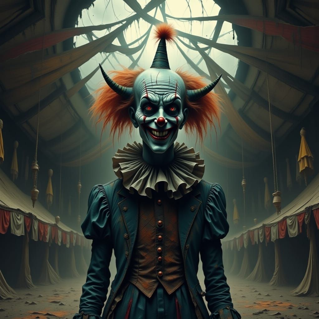 Creepy Clown in Dilapidated Deserted Circus Tent