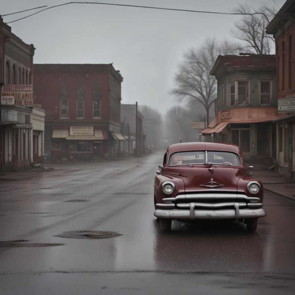 Eerie Abandoned 1950s Town on Gloomy Day