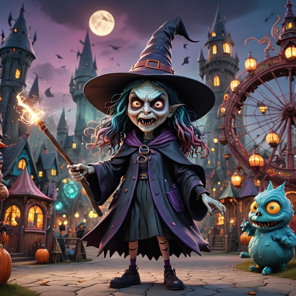 Angry Witch in a Colourful 3D Amusement Park