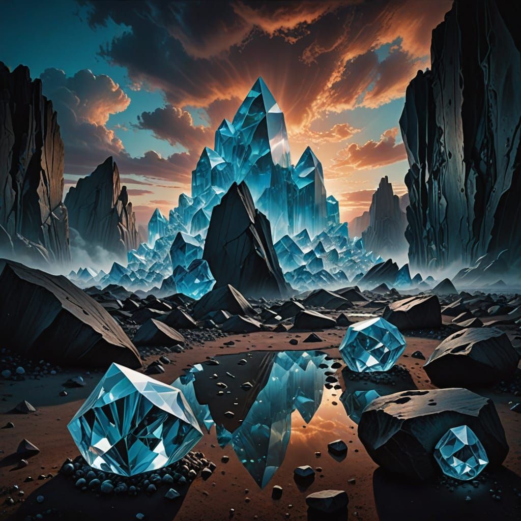 Surrealistic Landscape in Crystal and Earth, Drenched in Mys...