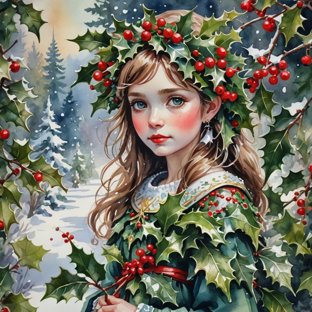 Holly Flower Fairy in Watercolor Gouache Style