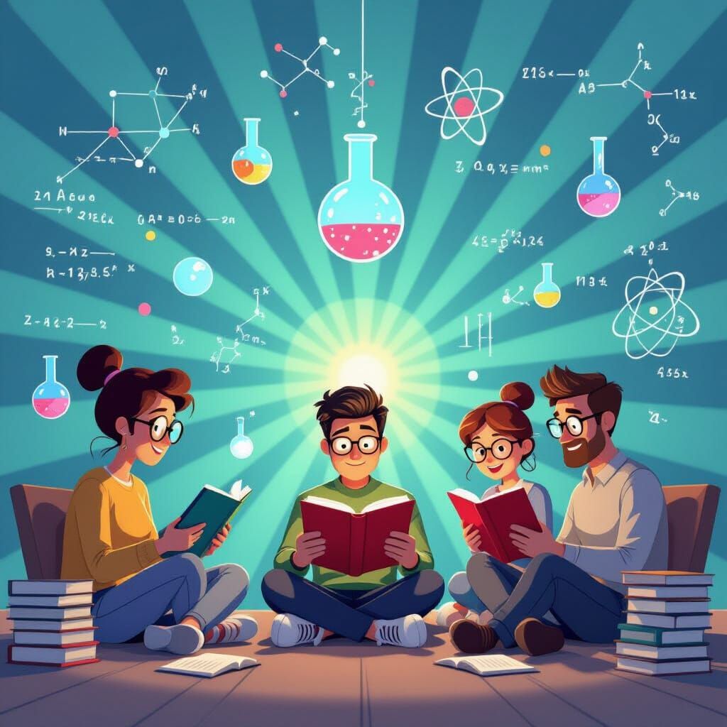 Pixar Animation Style: People Reading Books Over Science