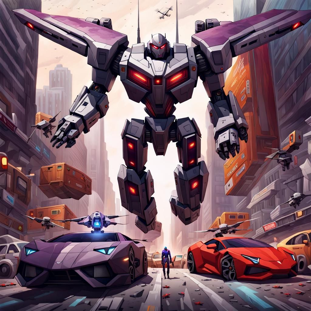 Futuristic Megatron Robot Rifts Time on City Street
