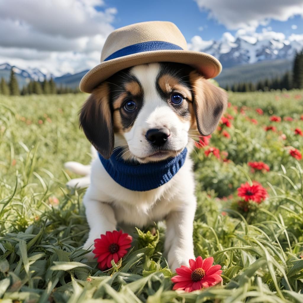 Cute Puppy Portrait Wearing a Hat