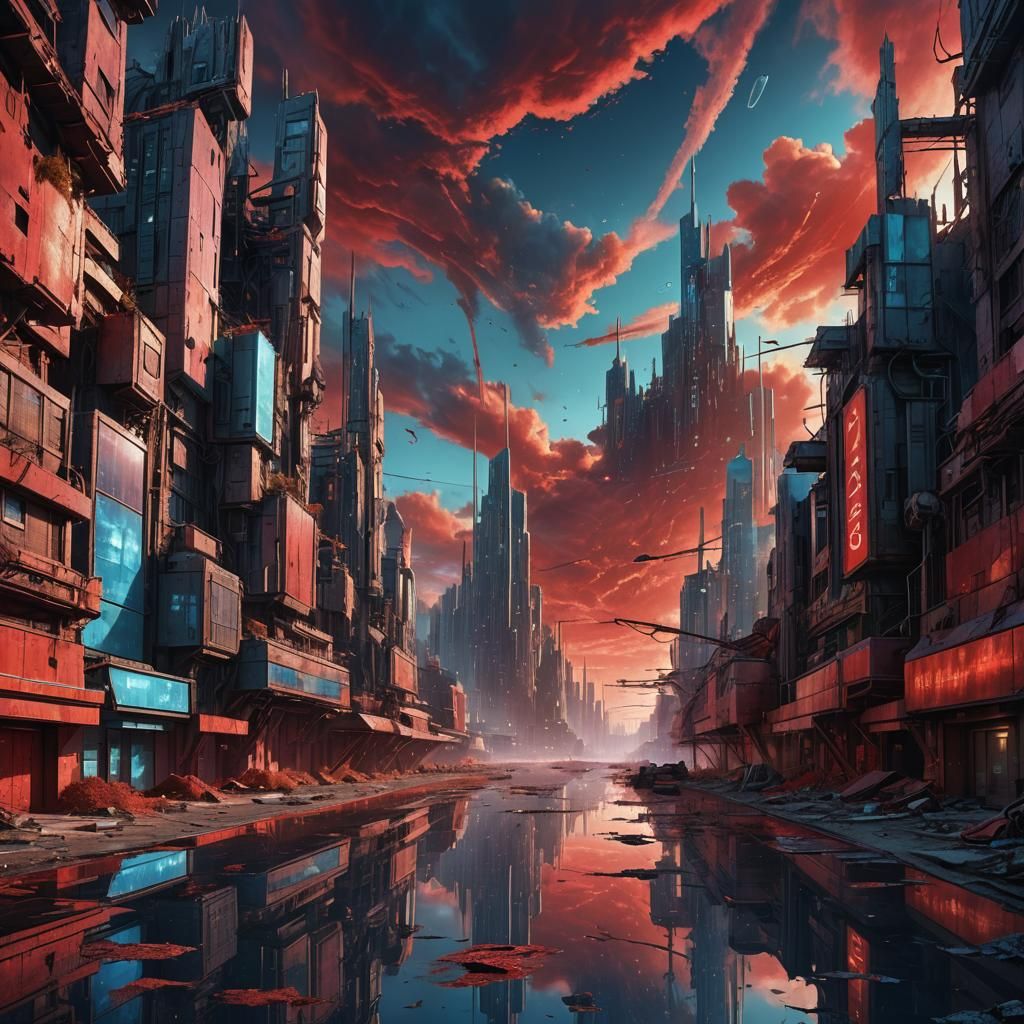 Futuristic City with Mirror Reflecting Parallel World