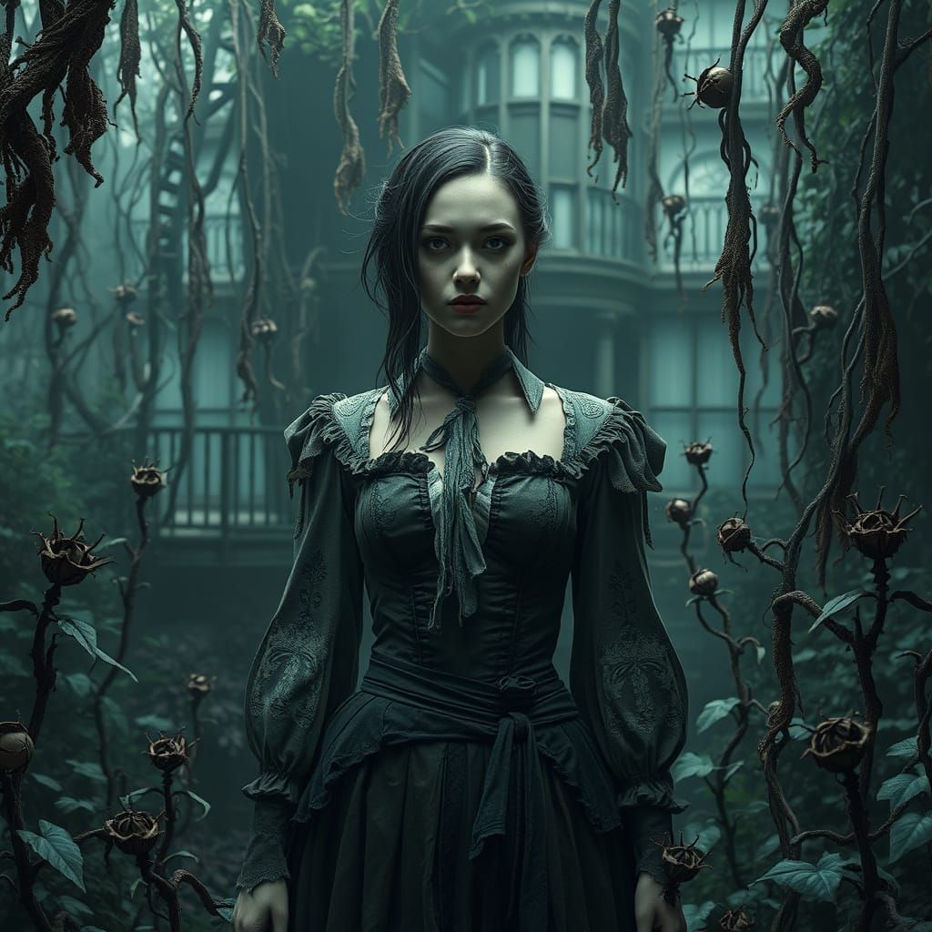 Mysterious Woman in Overgrown Victorian Garden