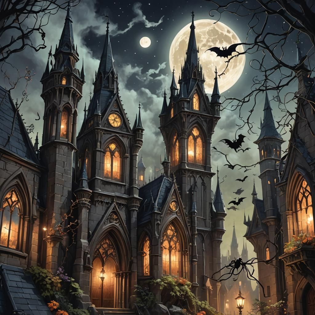 Steampunk-inspired adorable baby ghosts hovering amidst gothic spires of a castle, accompanied by a sleek black cat, und...
