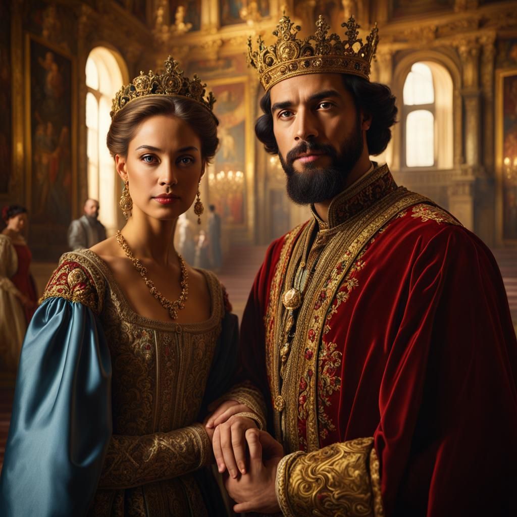 Regal Couple in Ancient Palace: Renaissance Oil Painting