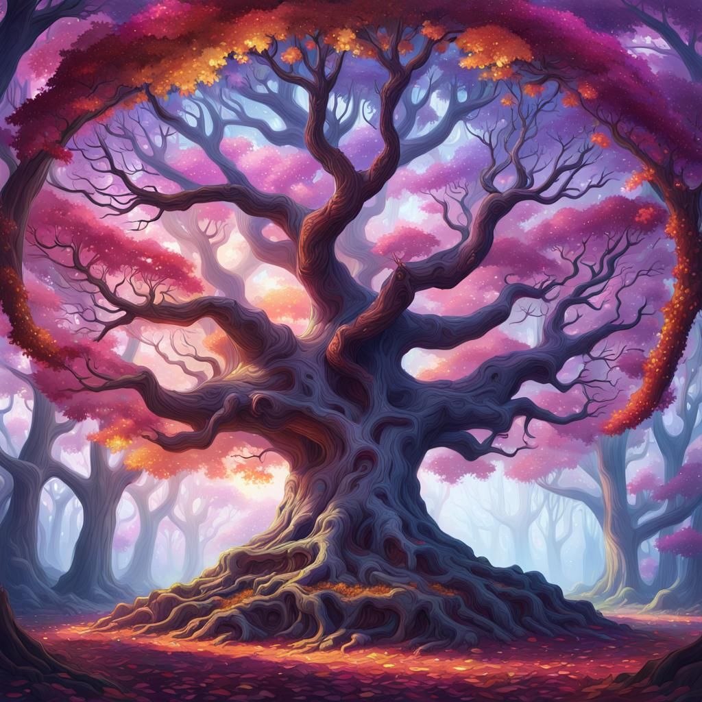Mystical Tree with Iridescent Leaves, Digital Art