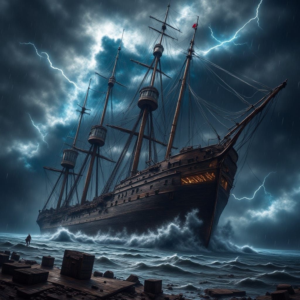 Sailing Ship in Deadly Storm, Digital Concept Art