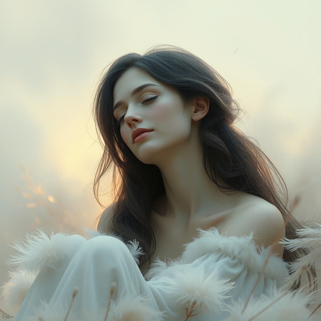 Serene Woman in Dreamlike, Biomechanical Landscape