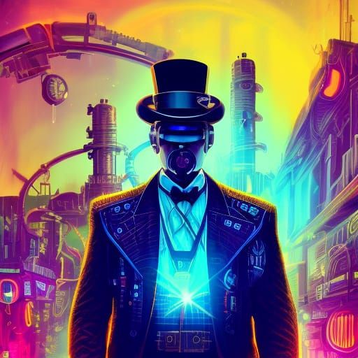 Steampunk Gentleman with Neon Lights in Synthwave Style