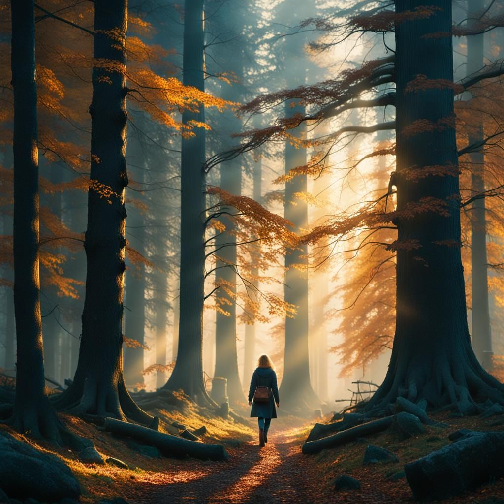 Woman in Misty Autumn Forest with Golden Light