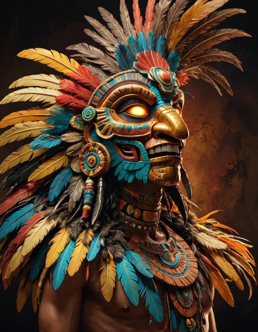 Quetzalcoatl Aztec Mask with Feathers