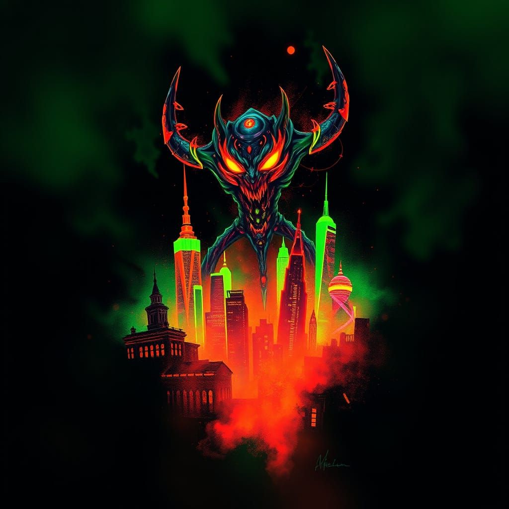 Neon Green and Orange Futuristic Cityscape