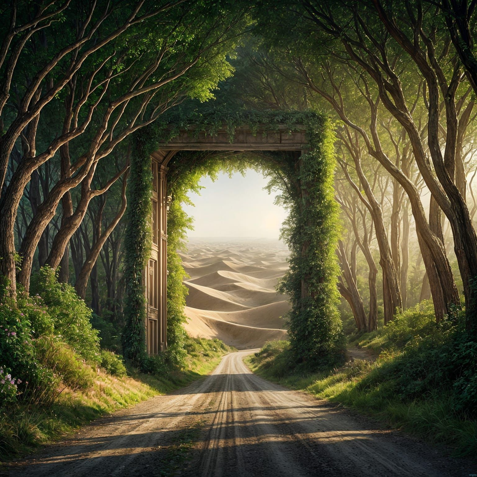 Romantic Realism Scene with Wooden Doorway to Desert Landsca...