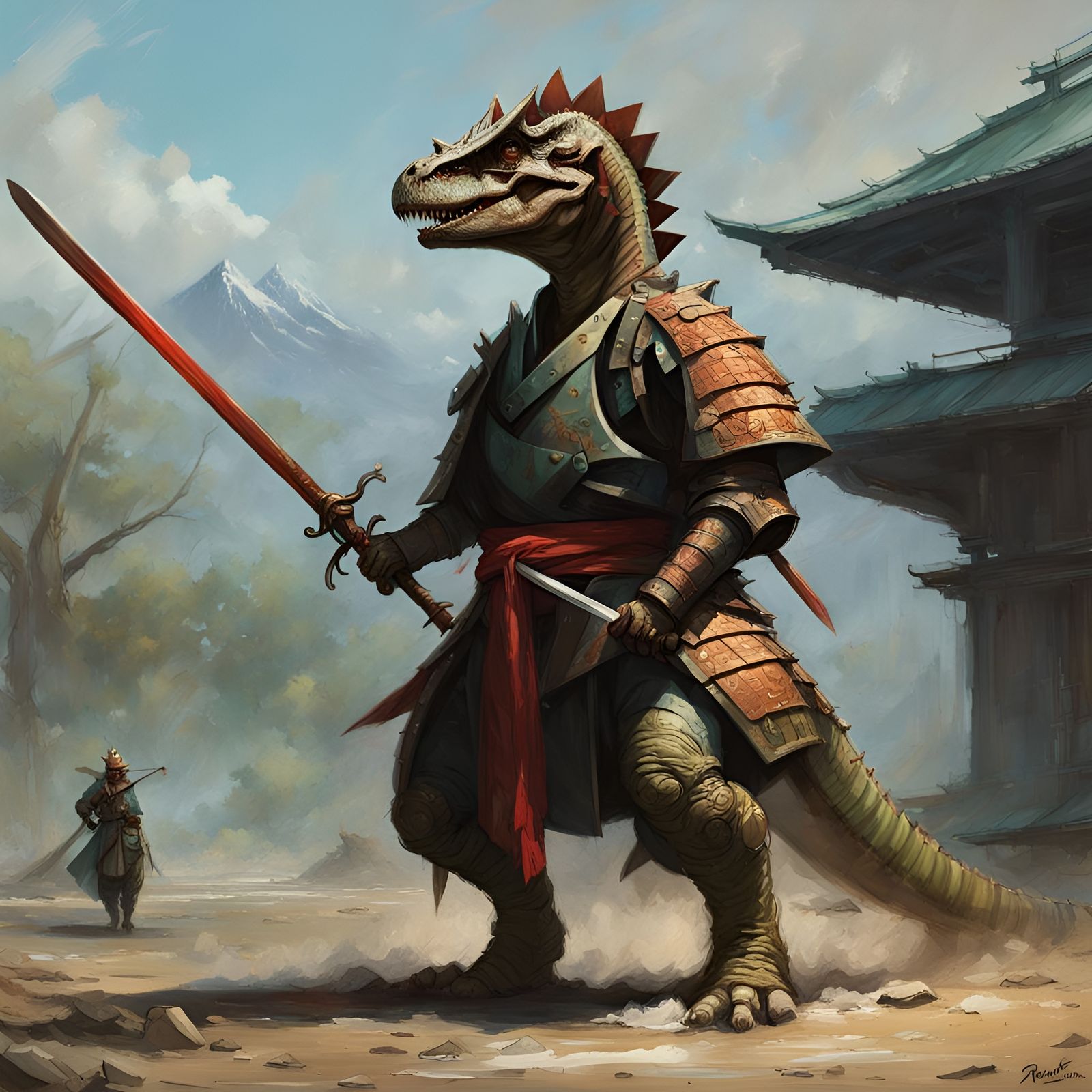 Dinosaur Samurai Warrior in Digital Painting Style