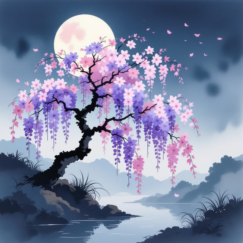 Sumi-e Style Cherry Blossom Tree Under Full Moon