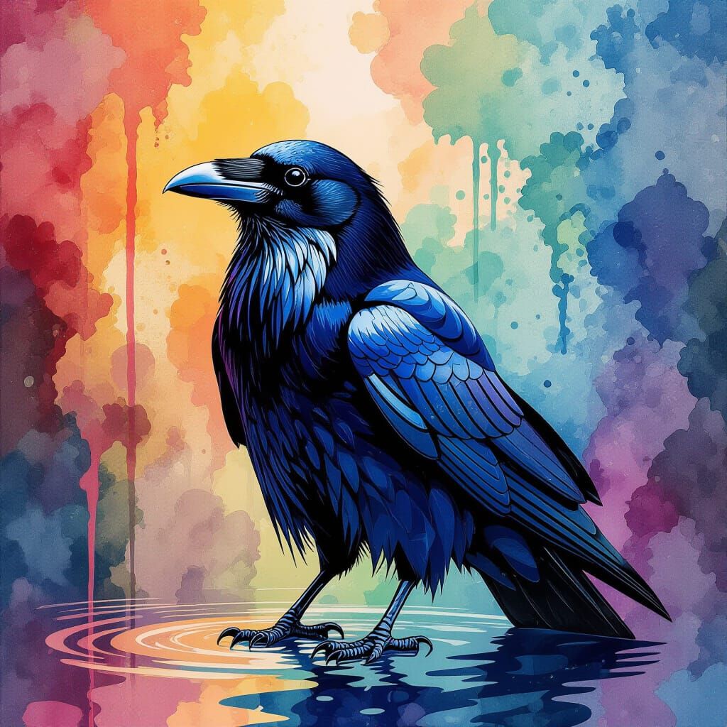 Vibrant Watercolor Raven in Street Art Style
