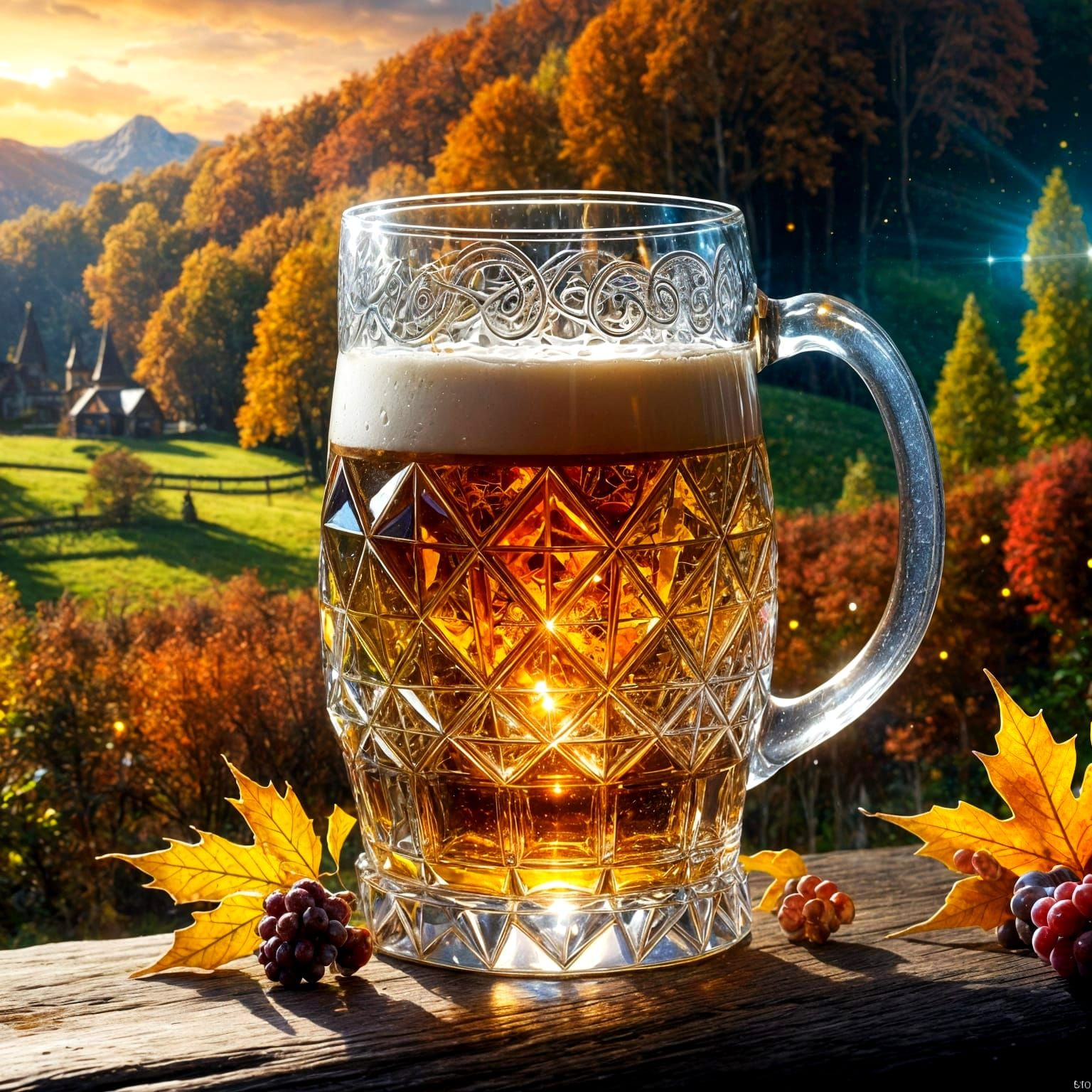 Starlit Autumn Landscape with Oktoberfest Beer