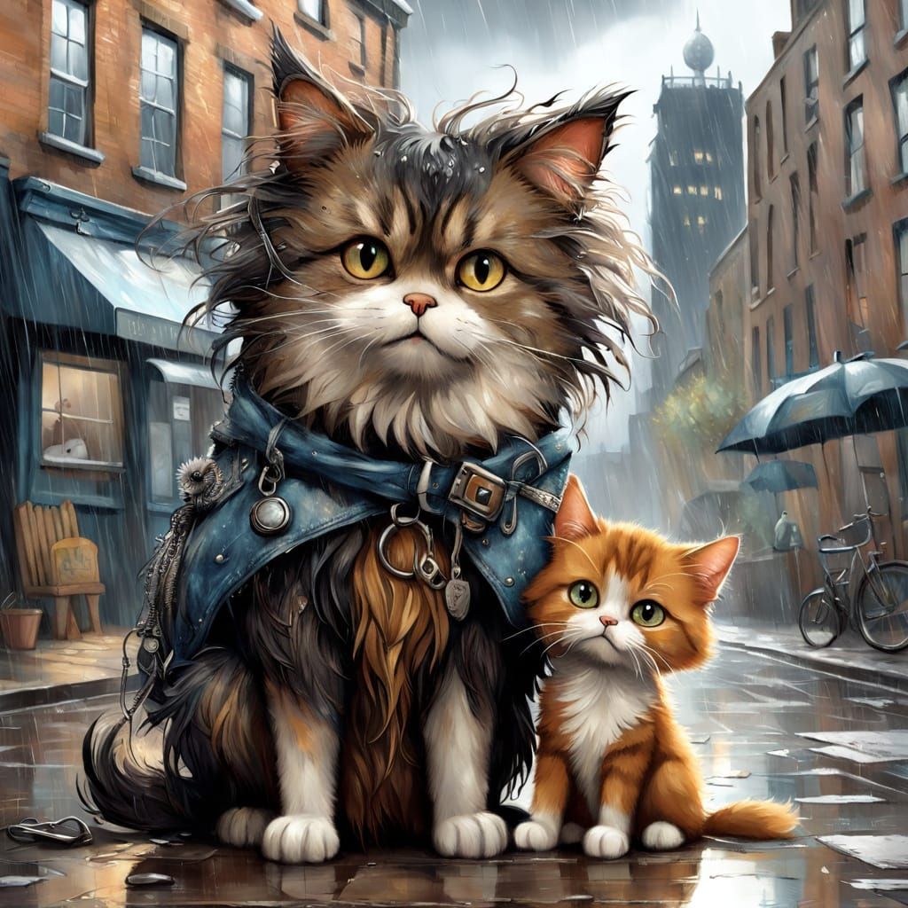 Sad, Adorable Cat and Dog Friendship in Oil Painting Style