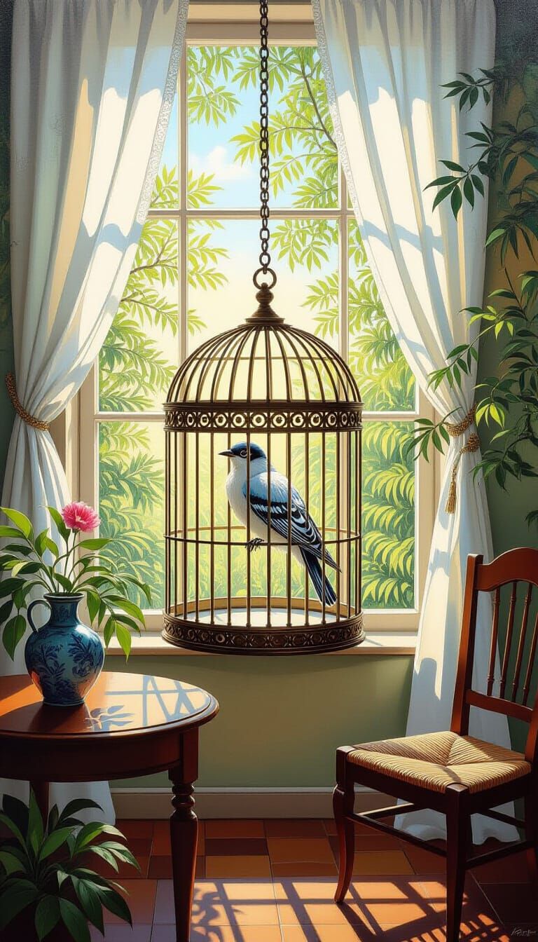 Surreal Caged Bird Singing in Ethereal Sunlight