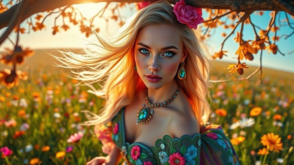 Eurasian Woman in Meadow, Art Nouveau Style