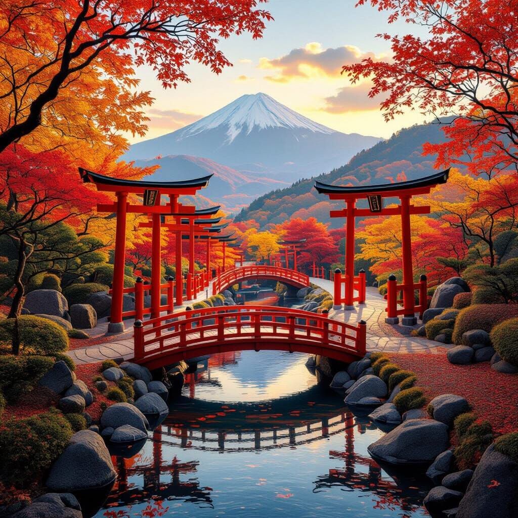 Japan's Autumn Serenity: Torii Gates and Bridge